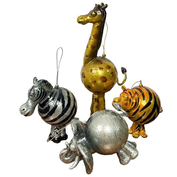 Zoo Safari Animal Lot 4 Ornaments‎ Christmas Tree Elephant Giraffe Zebra Tiger - Picture 1 of 11